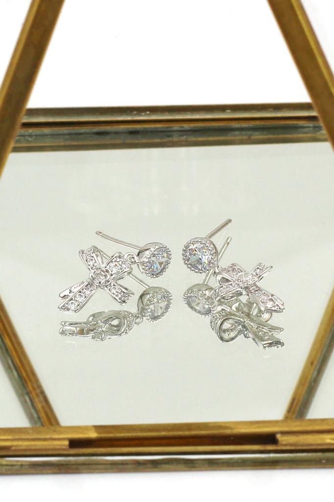 fashion ribbon cross crystal pendant earrings
