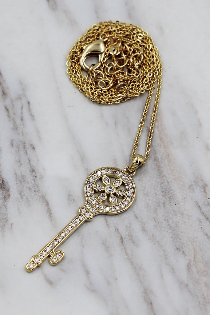 fashion flower crystal key necklace