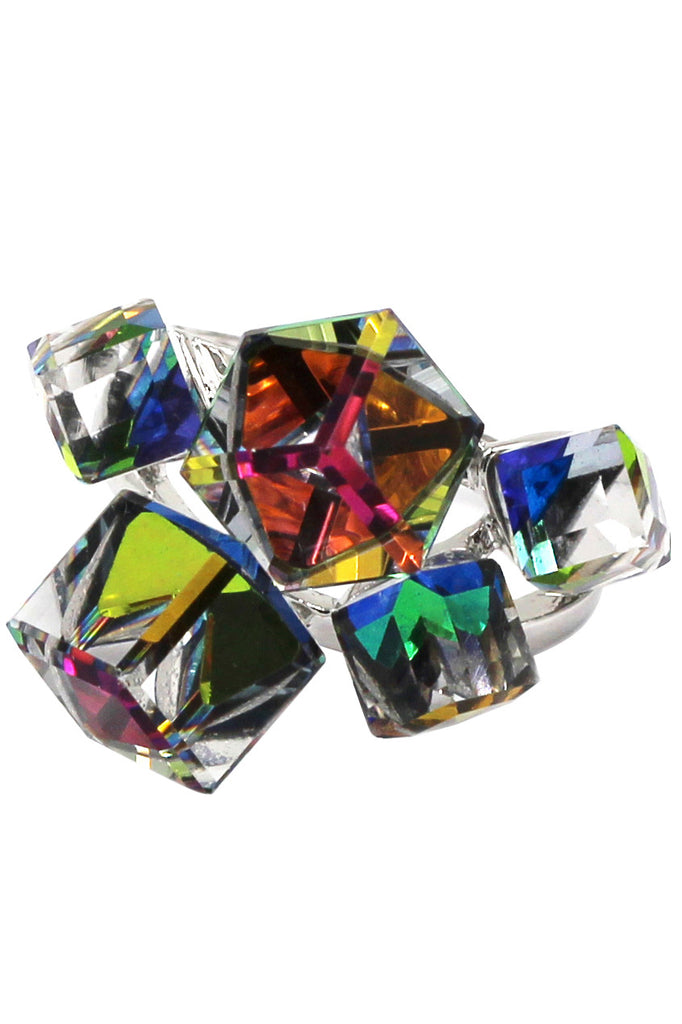 multi-color square crystal silver ring