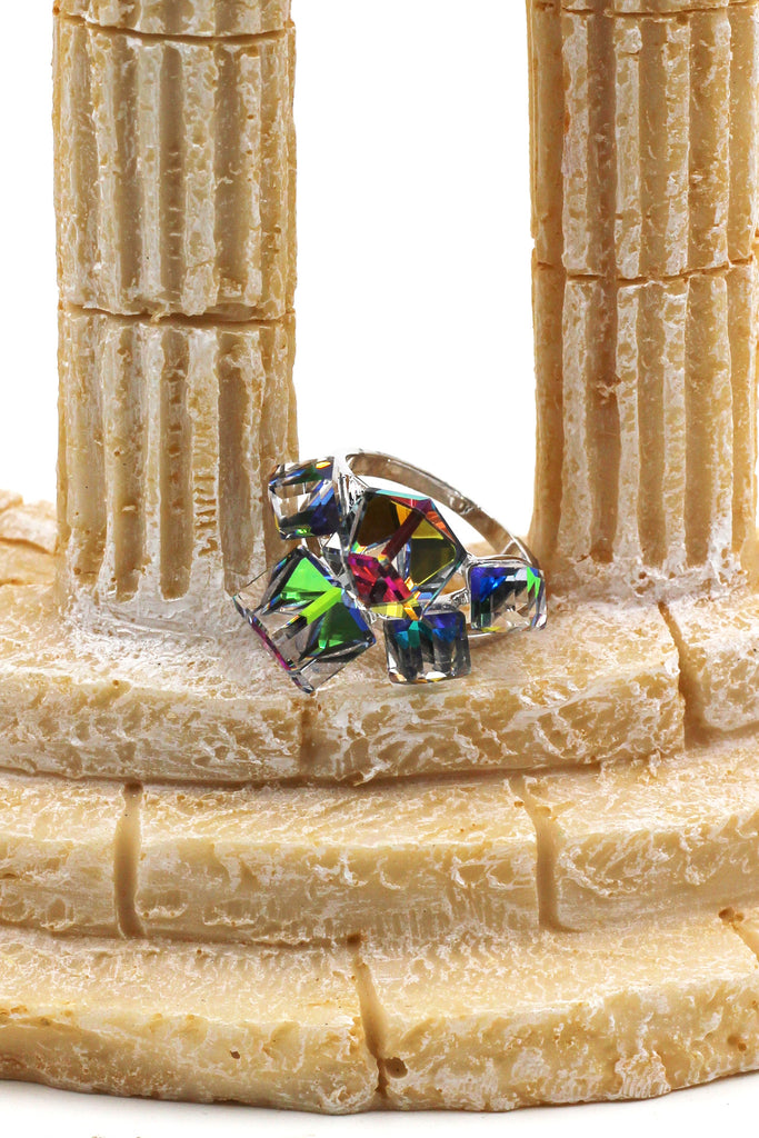 multi-color square crystal silver ring