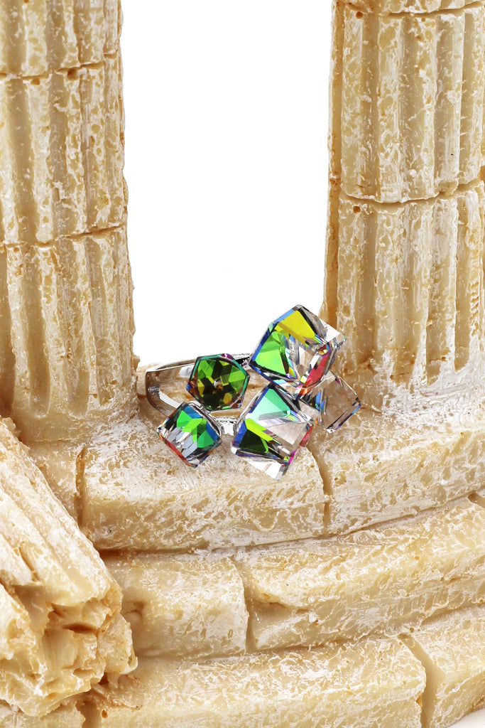 multi-color square crystal silver ring