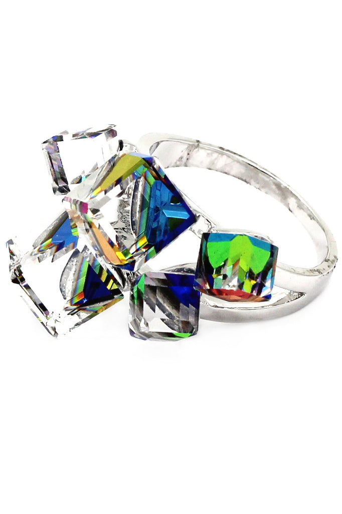 multi-color square crystal silver ring