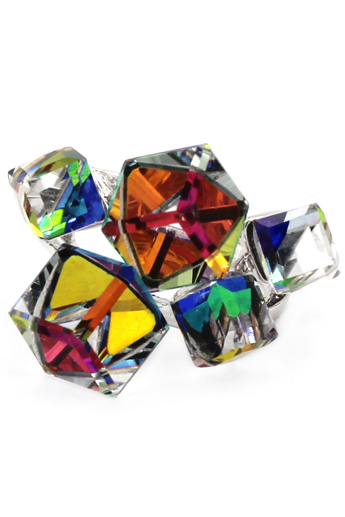 multi-color square crystal silver ring