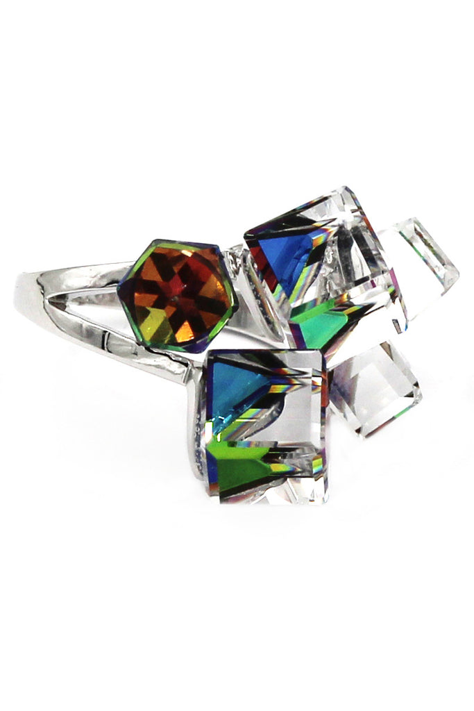 multi-color square crystal silver ring