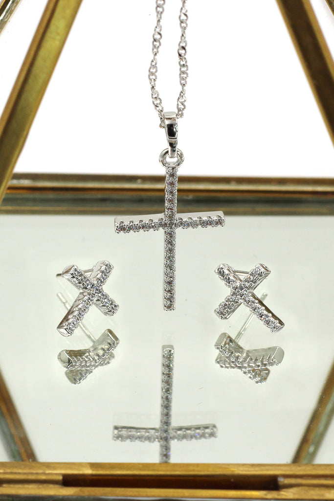micro-set crystal cross necklace earrings set
