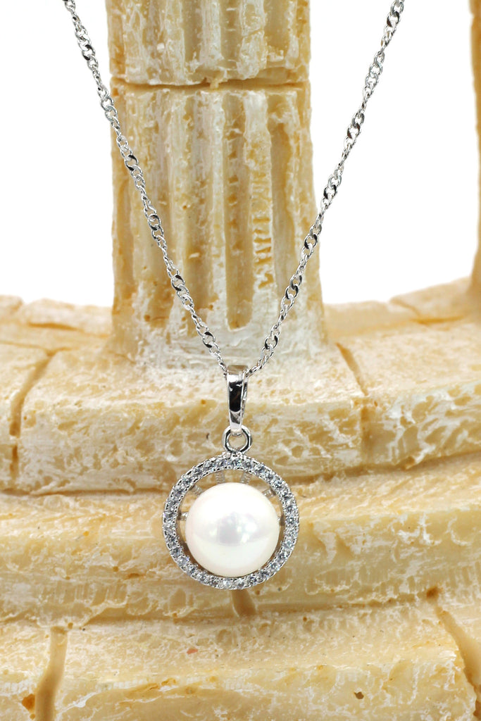 large pearl inlaid crystal side silver necklace