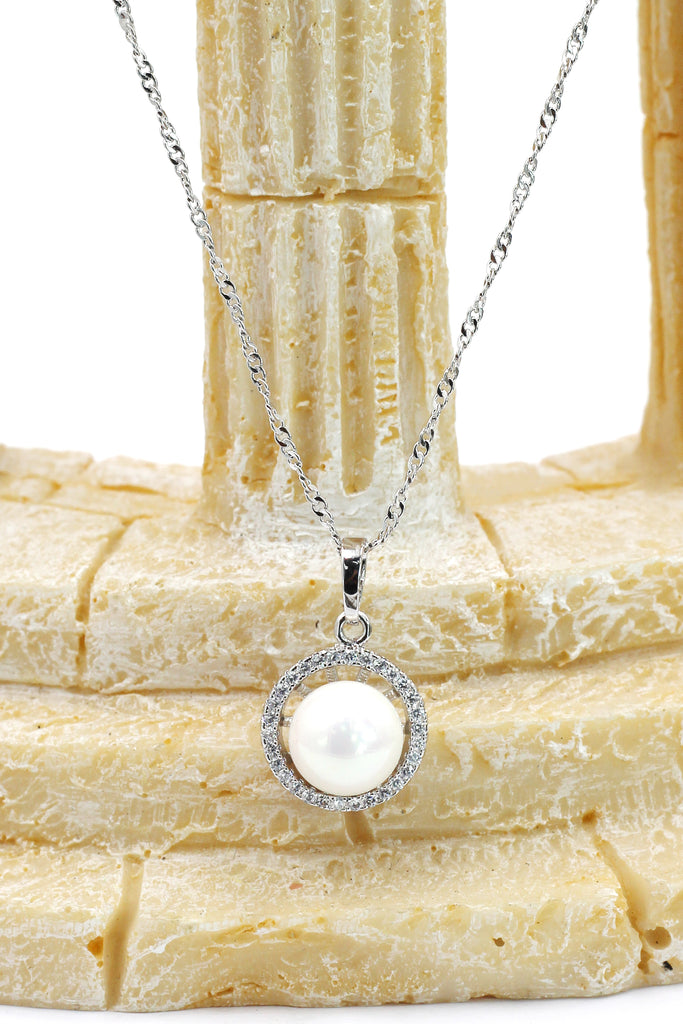large pearl inlaid crystal side silver necklace