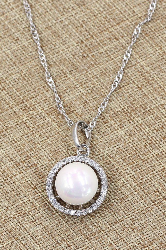 large pearl inlaid crystal side silver necklace