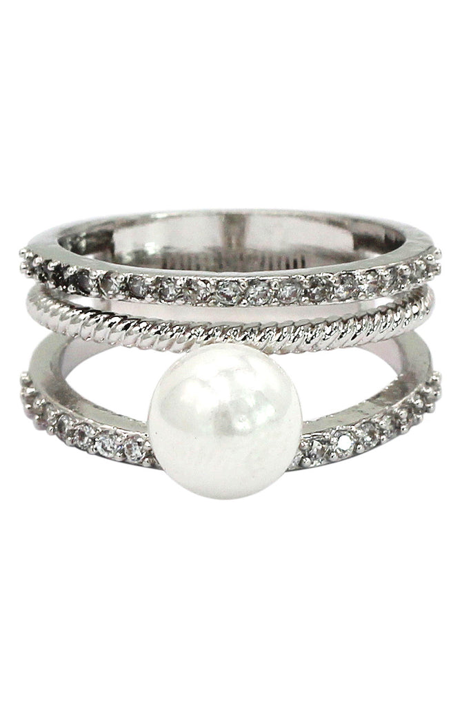 fashion loop small crystal and peal silver ring