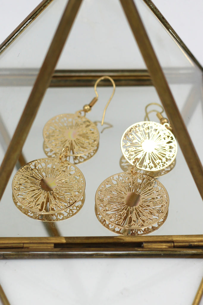 Hollow carved round metal earrings