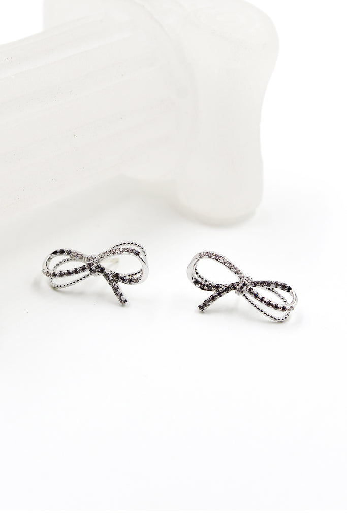 silver crystal bow earrings