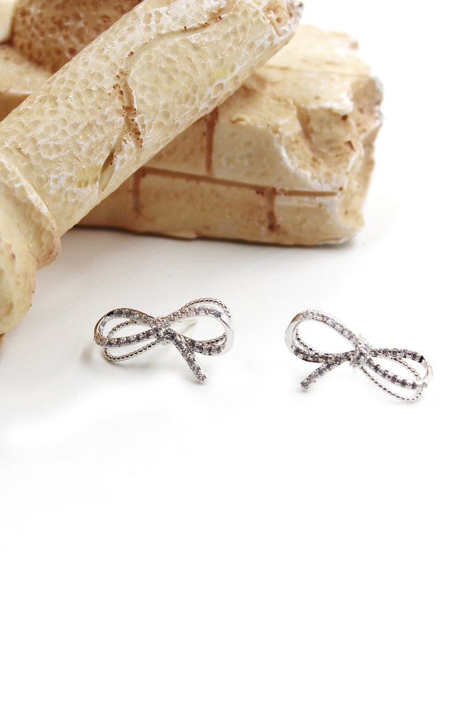silver crystal bow earrings