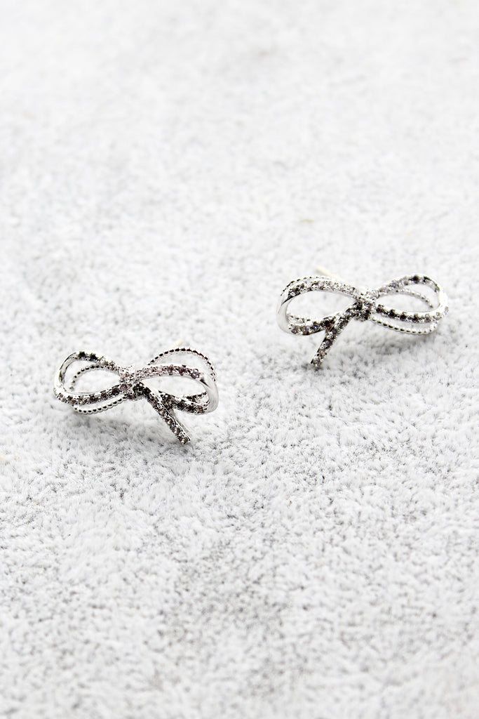 silver crystal bow earrings