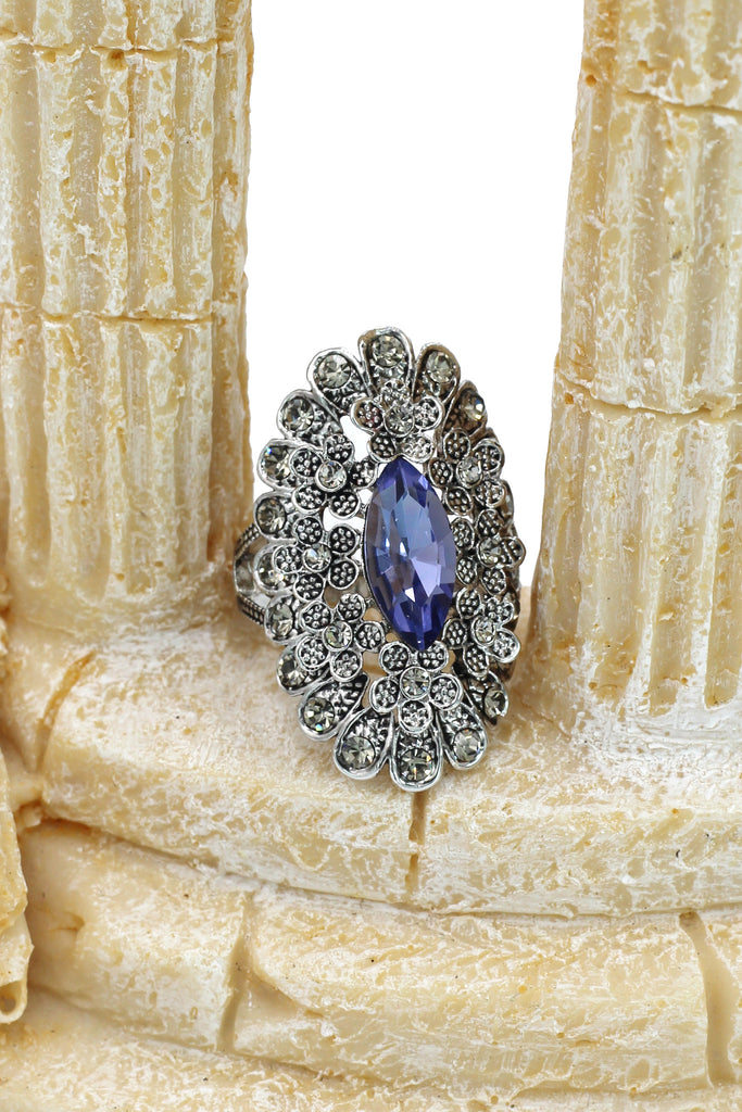 noble color crystal flowers silver ring