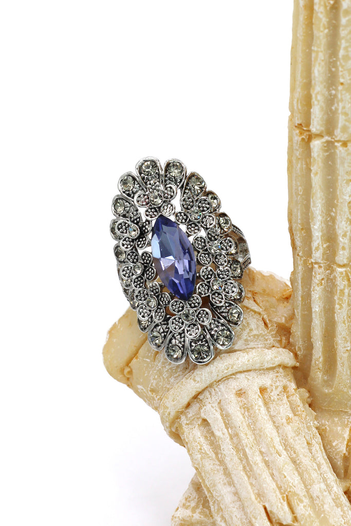 noble color crystal flowers silver ring