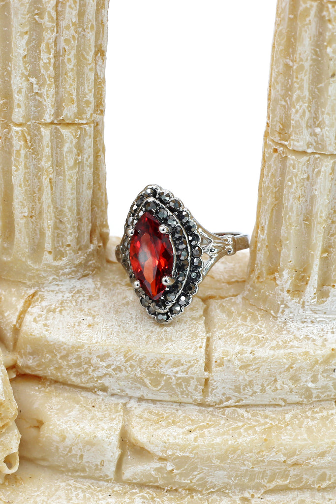 current red crystal silver ring