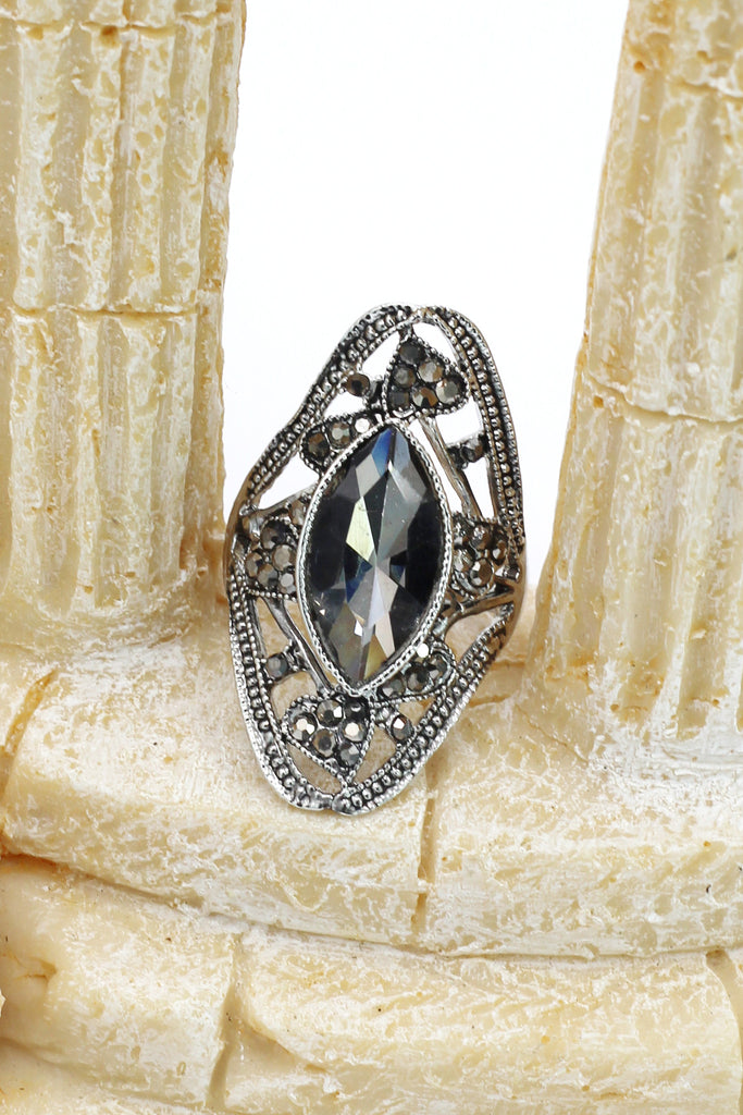 black crystal silver ring