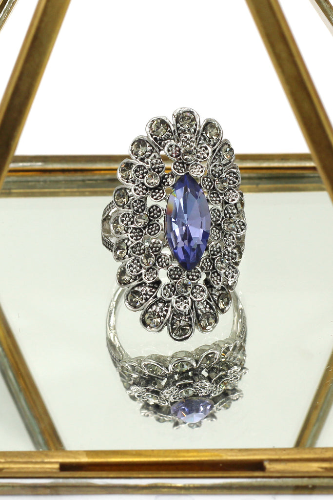 noble color crystal flowers silver ring