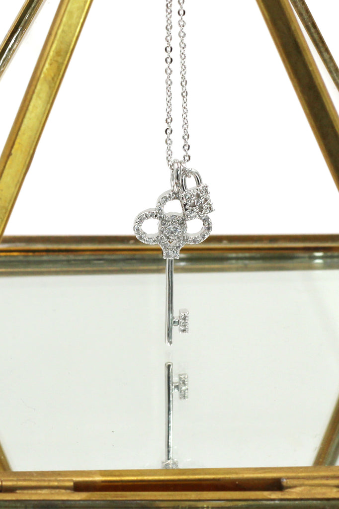 delicate crystal key and lock necklace