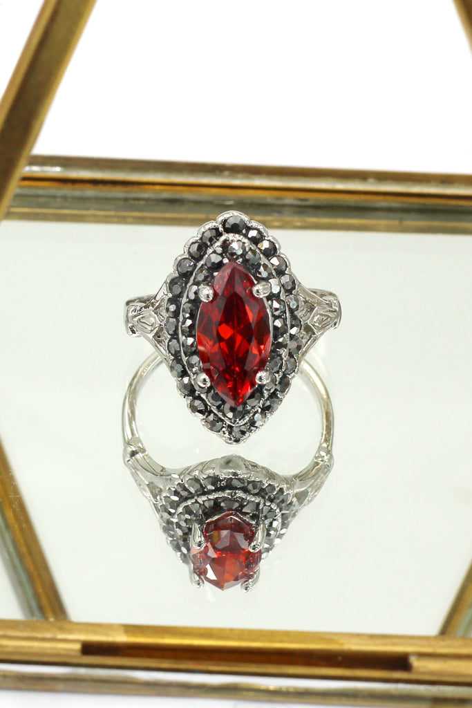 current red crystal silver ring