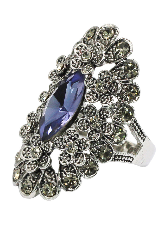 noble color crystal flowers silver ring
