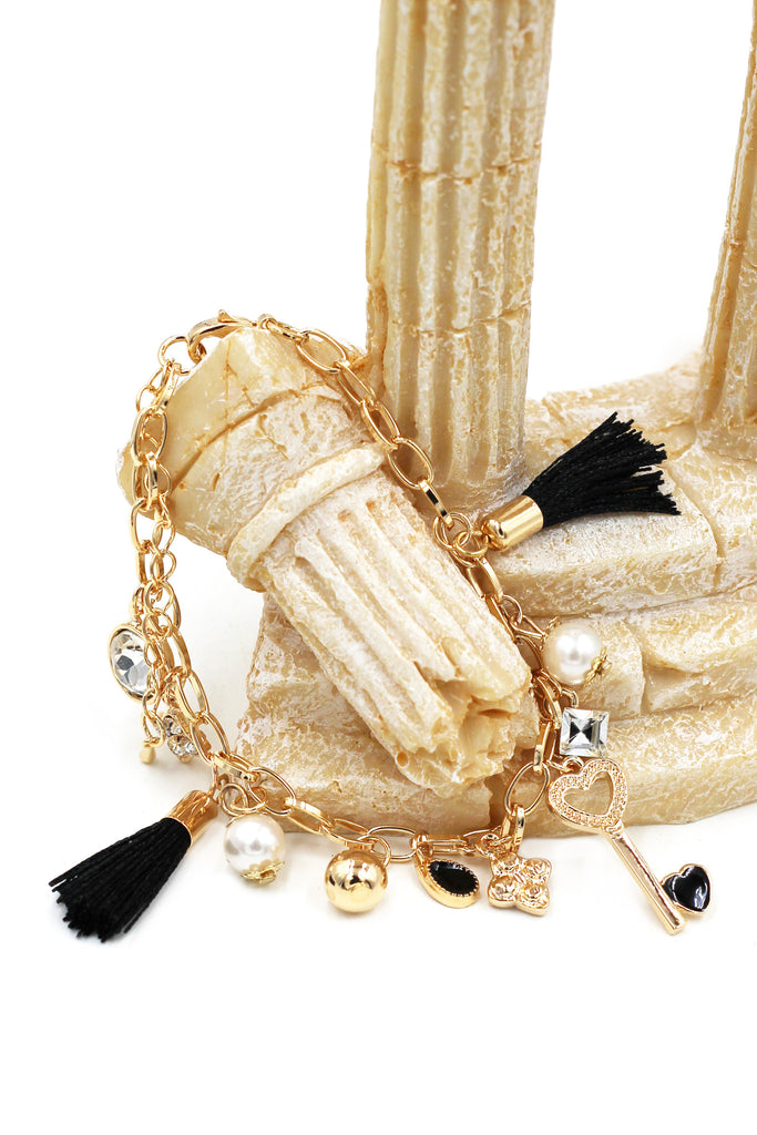fashion heart-shaped key and tassel golden bracelet