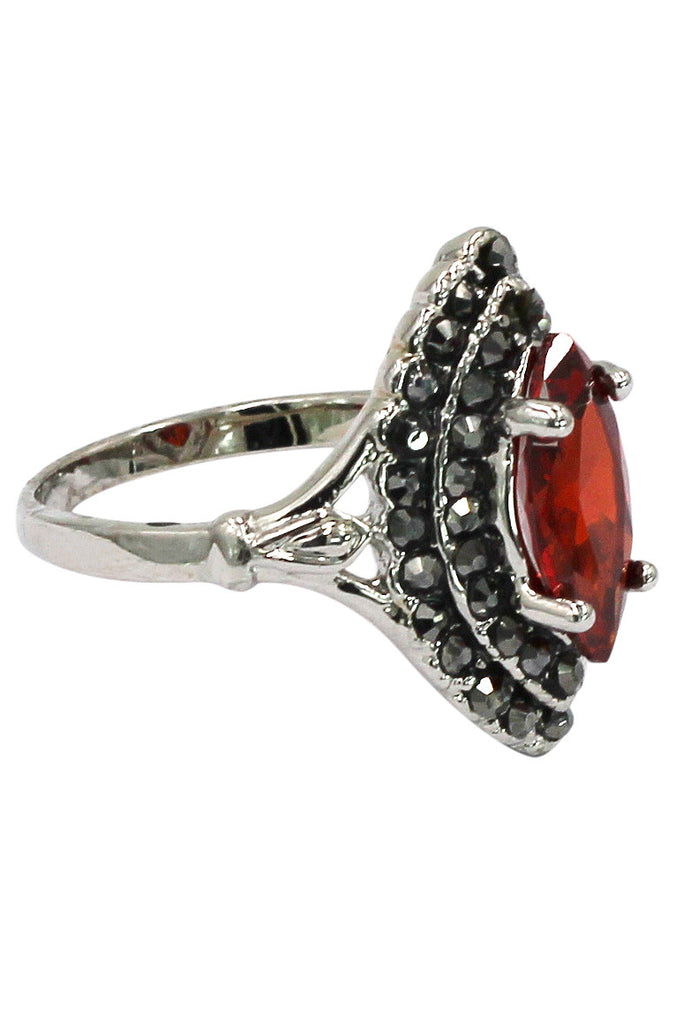 current red crystal silver ring