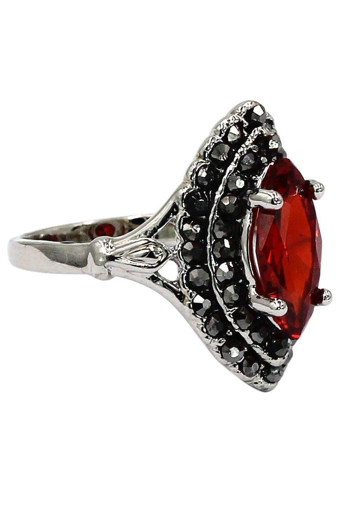 current red crystal silver ring