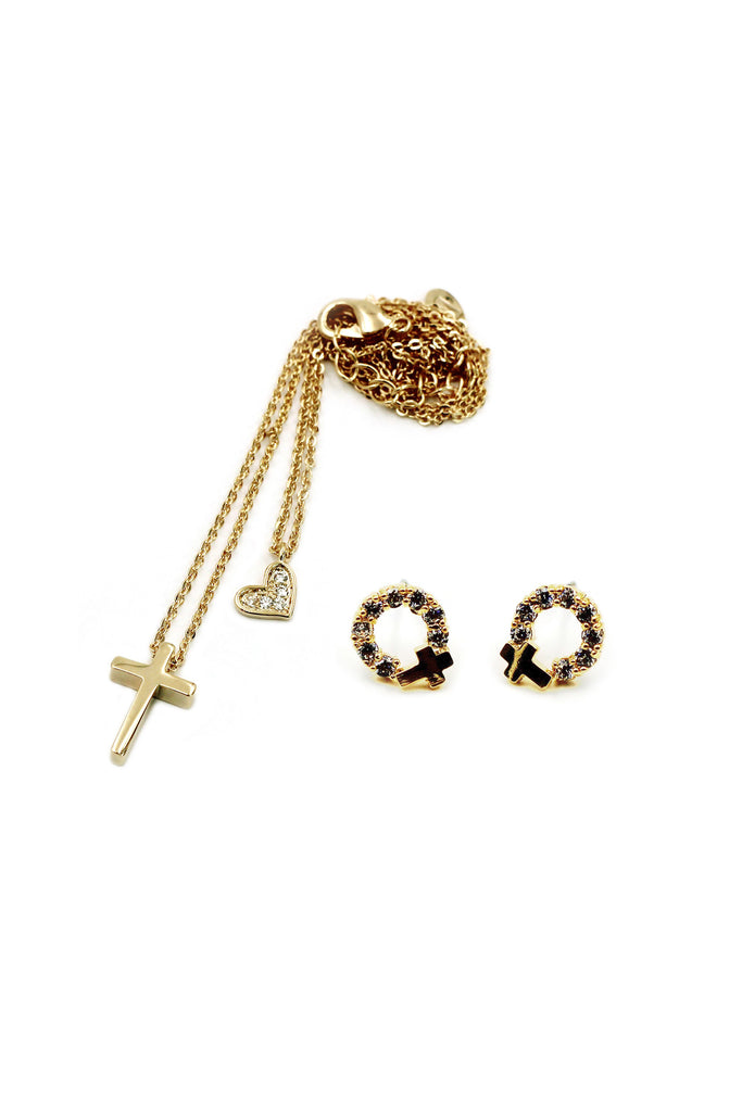 golden cross earrings necklace crystal set