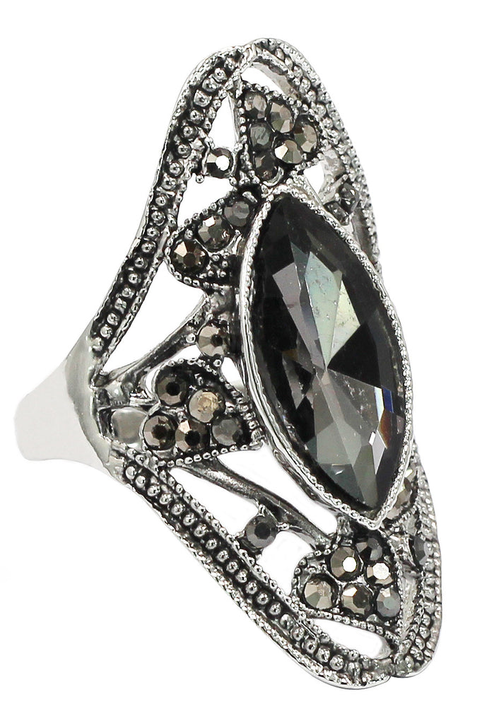 black crystal silver ring