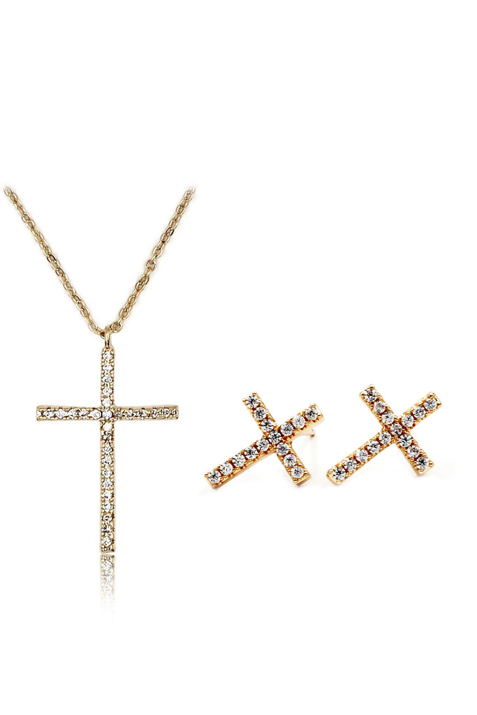 micro-set crystal cross necklace earrings set