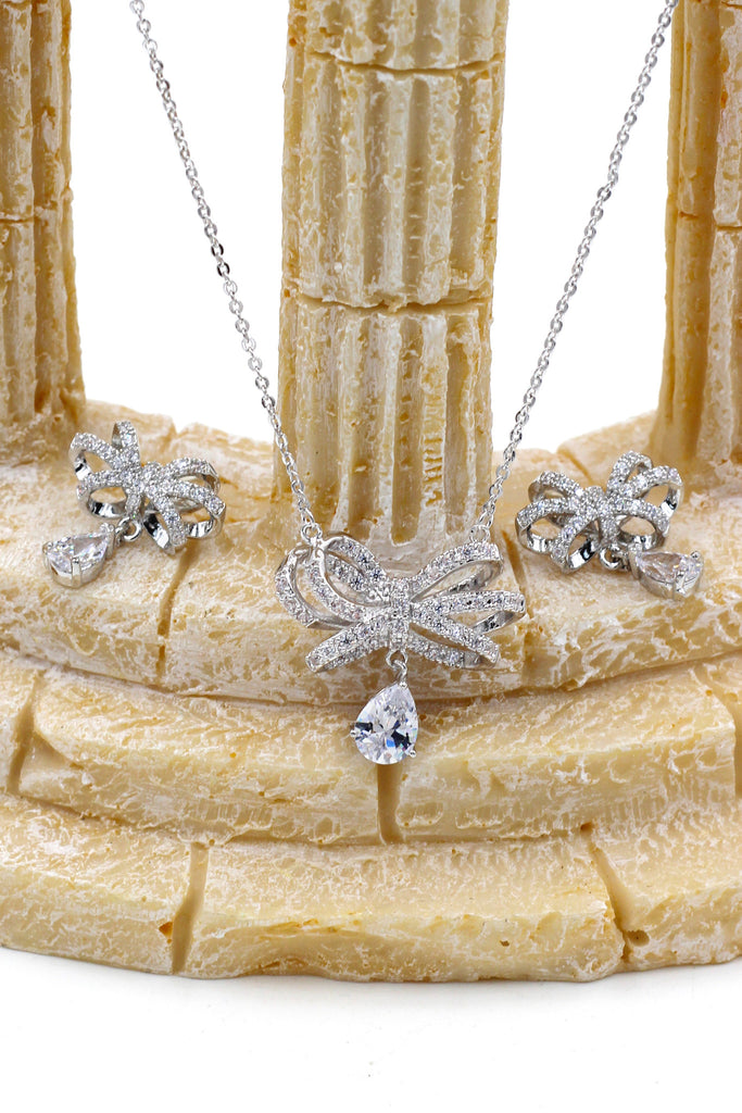 noble bowknot crystal pendant necklace earrings set