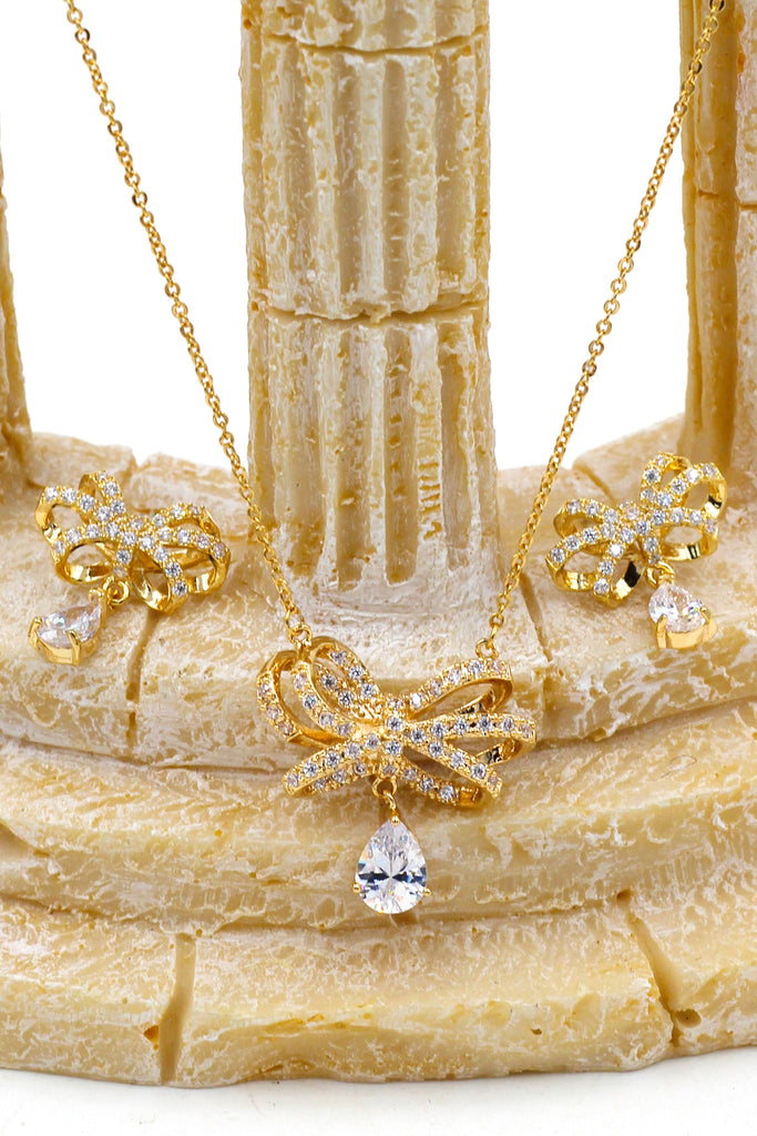 noble bowknot crystal pendant necklace earrings set