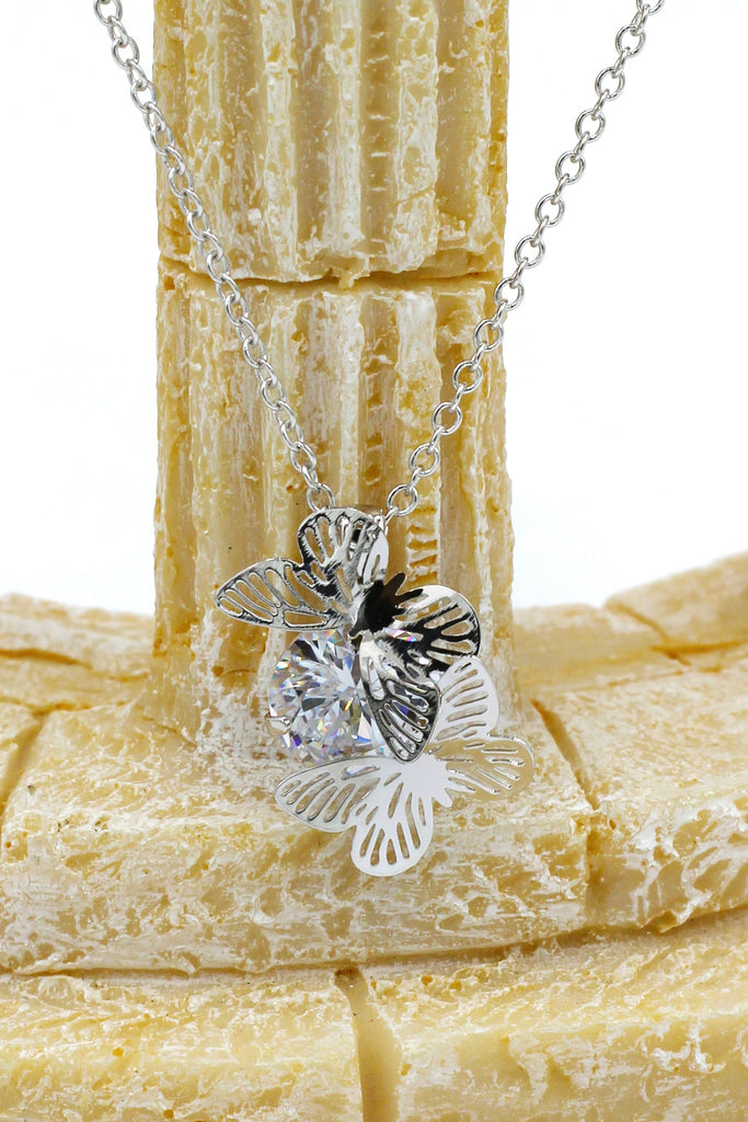 pretty butterfly crystal silver necklace