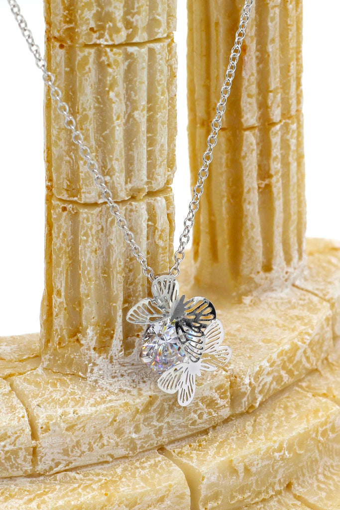 pretty butterfly crystal silver necklace