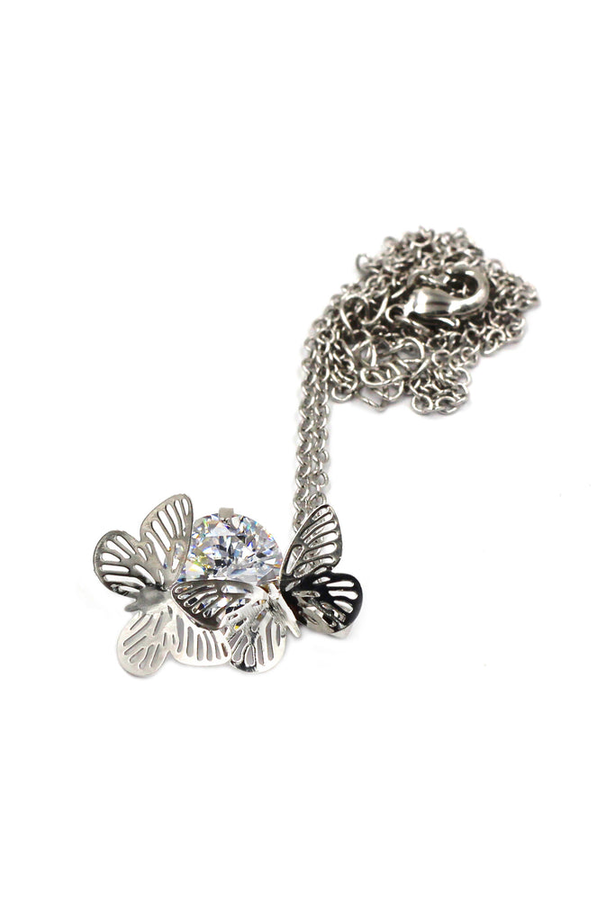 pretty butterfly crystal silver necklace