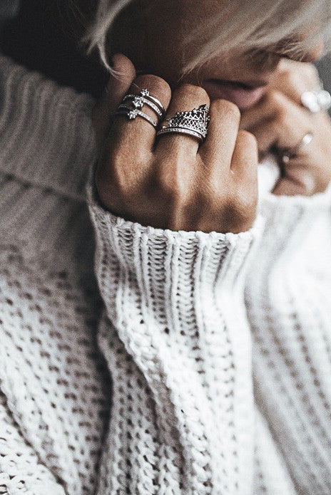 elegant crystal crown double silver ring