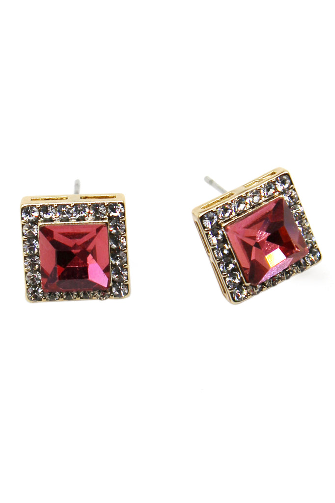 bright ruby square crystal gold earrings
