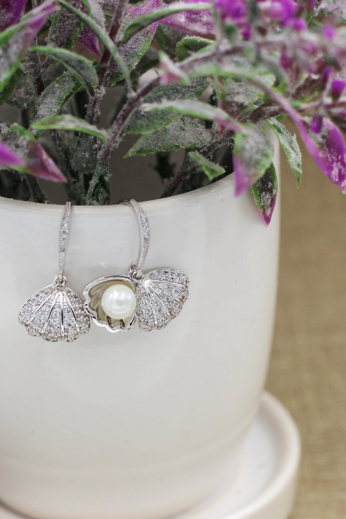silver shell drop earrings