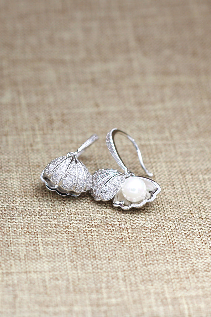 silver shell drop earrings