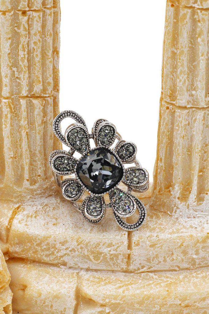 silver gray crystal flower ring