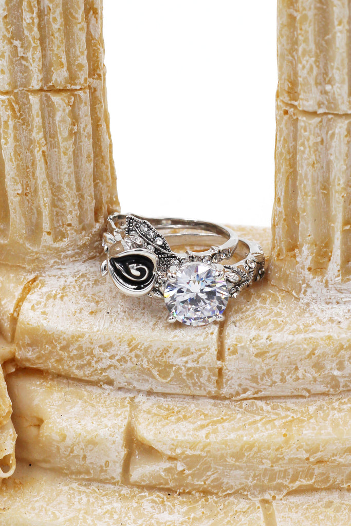 black rose and crystal double silver ring