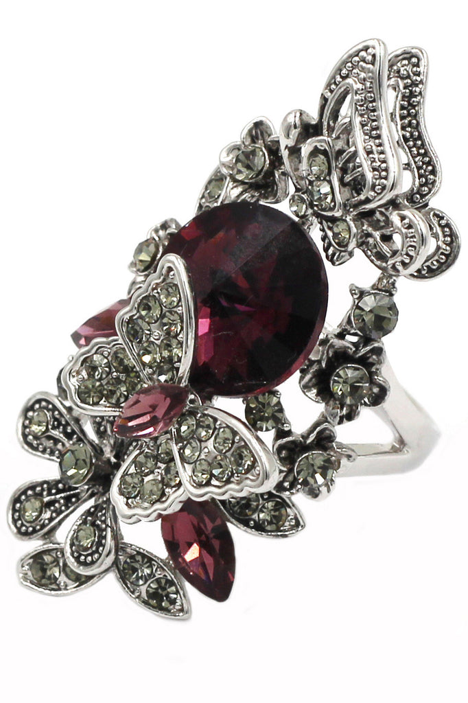 elegant crystal butterfly and flower ring
