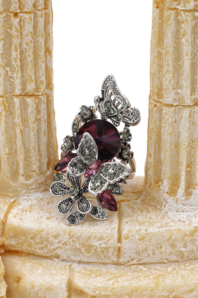 elegant crystal butterfly and flower ring
