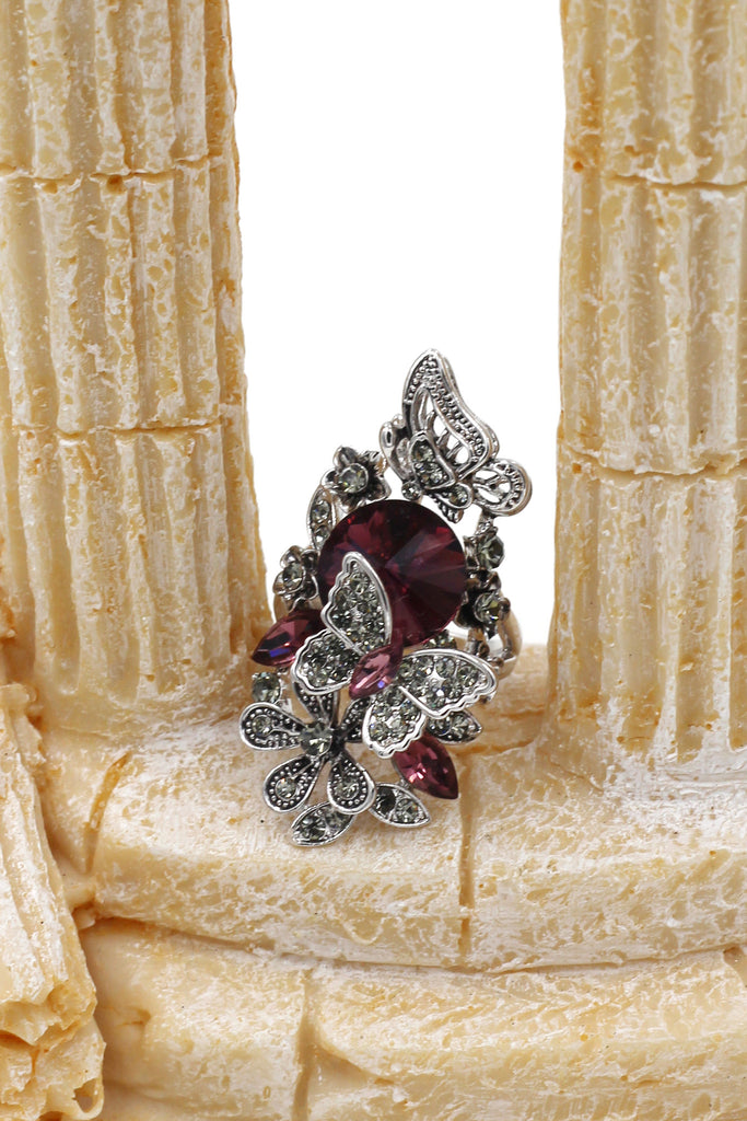 elegant crystal butterfly and flower ring