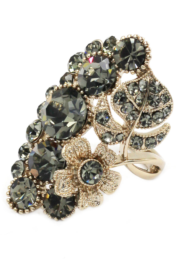 elegant crystal flower and foliage ring