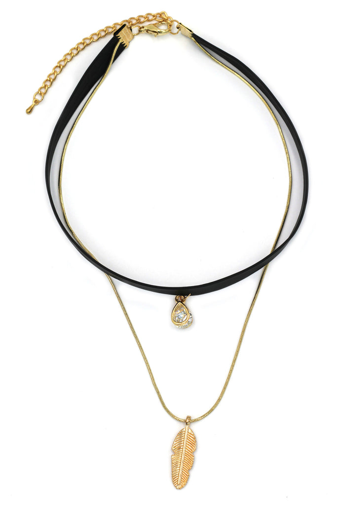 Fashion double chain feather pendant choker ring set