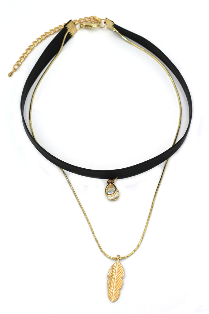 Fashion double chain feather pendant choker ring set