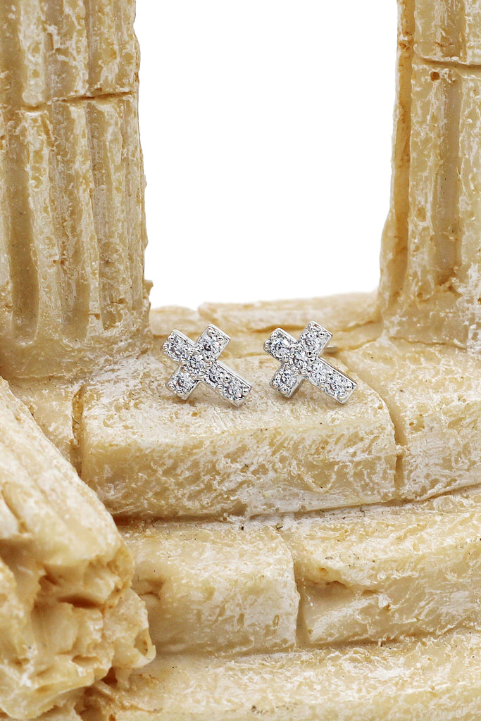 silver mini cross crystal earrings