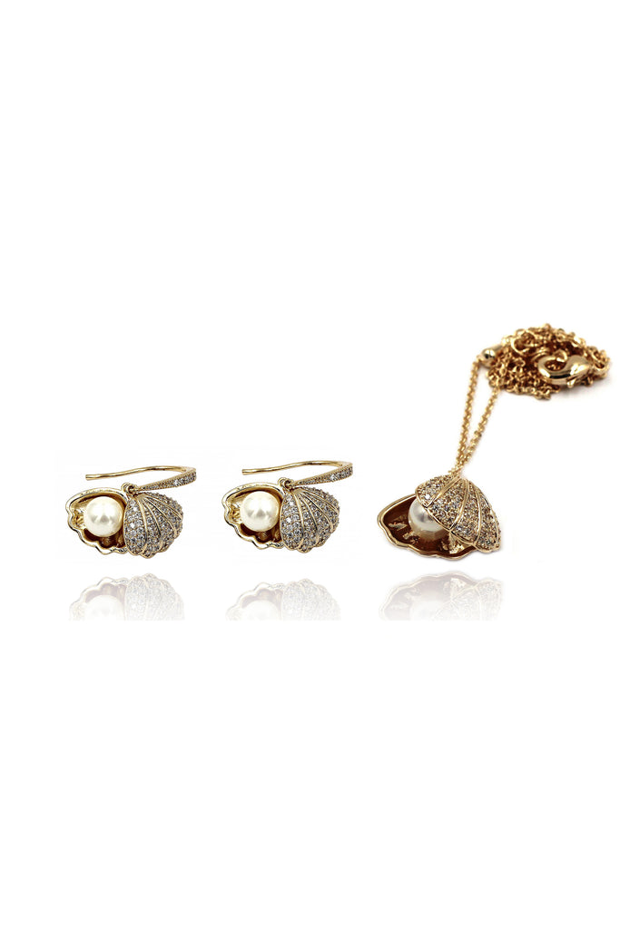 shiny shell pearl gold necklace earrings set